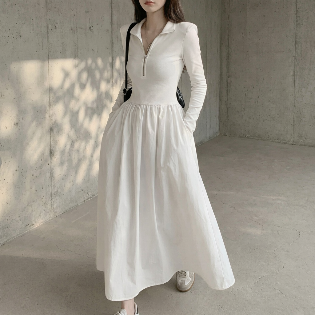 骨格ウェーブ ハーフジップ 切り替えロングワンピース