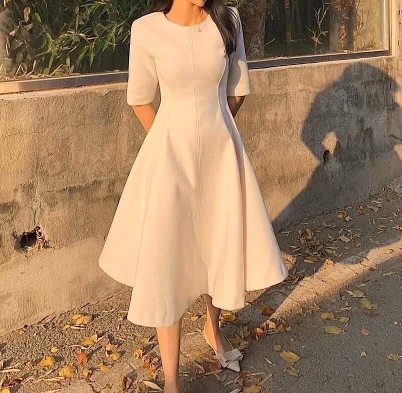 骨格ウェーブ上品ミモレ丈 5分袖フレアワンピース