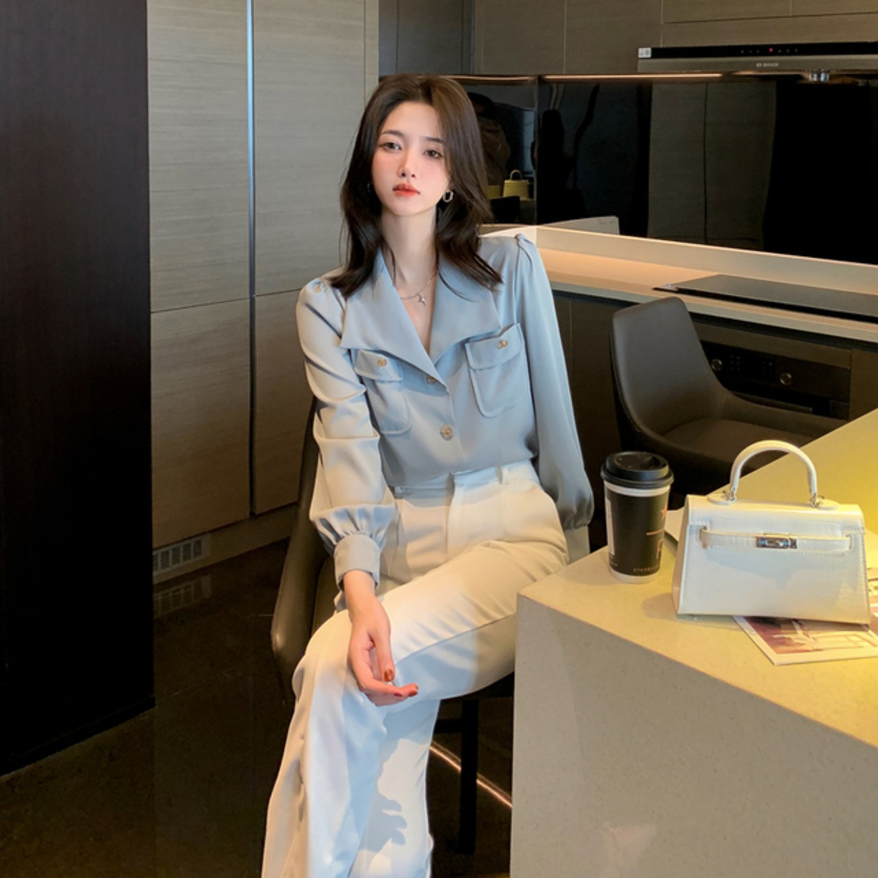 骨格ウェーブ ふんわりシフォン×ビッグカラー シャツブラウス