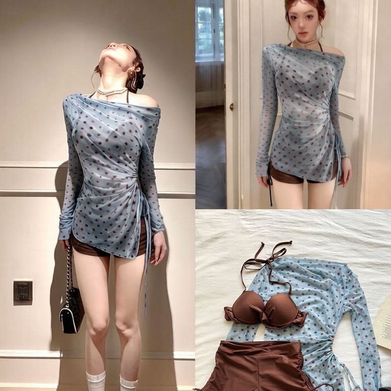 骨格ウェーブ ドット柄シアーカバーアップ付き 3ピースビキニ水着