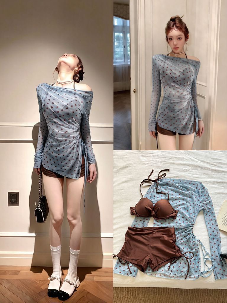 骨格ウェーブ ドット柄シアーカバーアップ付き 3ピースビキニ水着