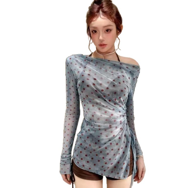 骨格ウェーブ ドット柄シアーカバーアップ付き 3ピースビキニ水着