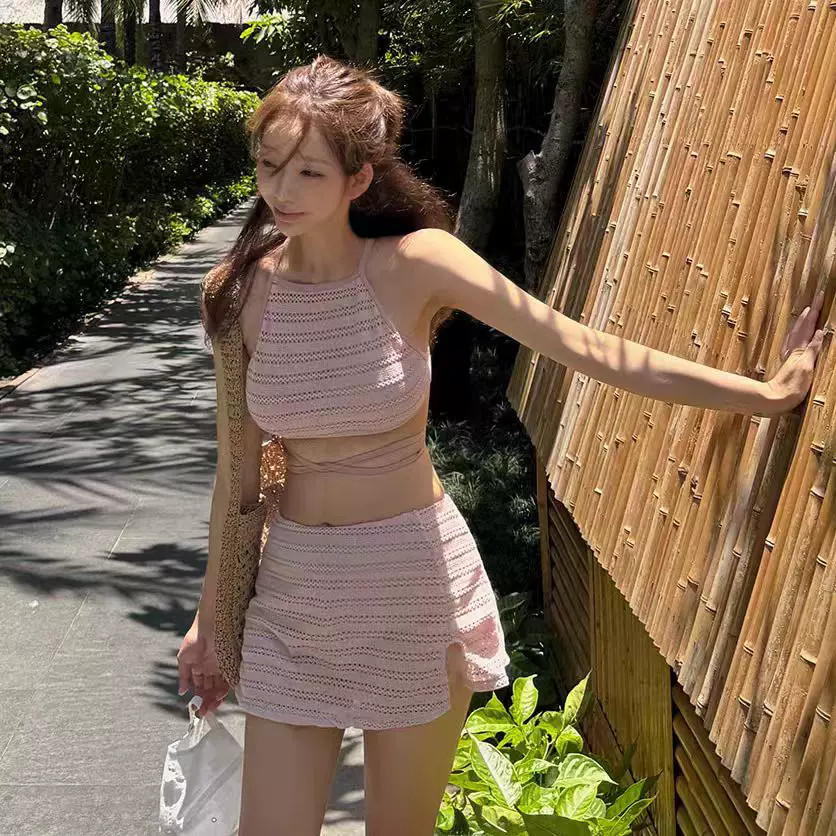 骨格ウェーブ クロシェ編み風 ハイウエスト セパレート水着