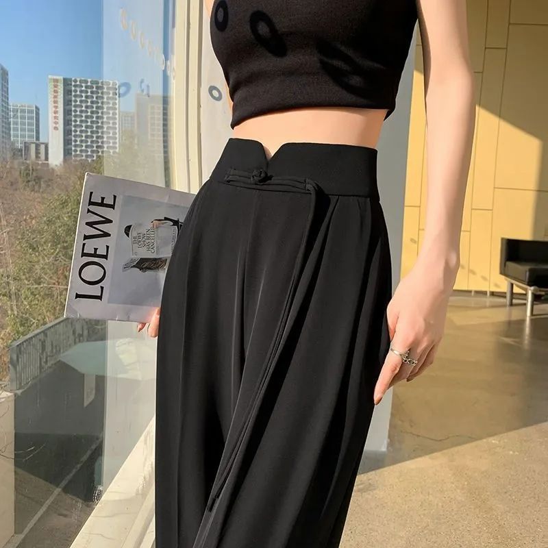 骨格ウェーブ ハイウエスト チャイナボタン風リボン ワイドパンツ