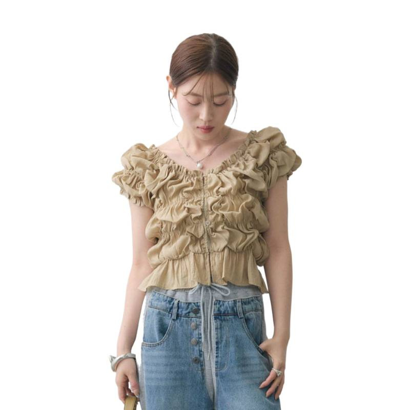 骨格ウェーブ エアリーギャザー 半袖ブラウス