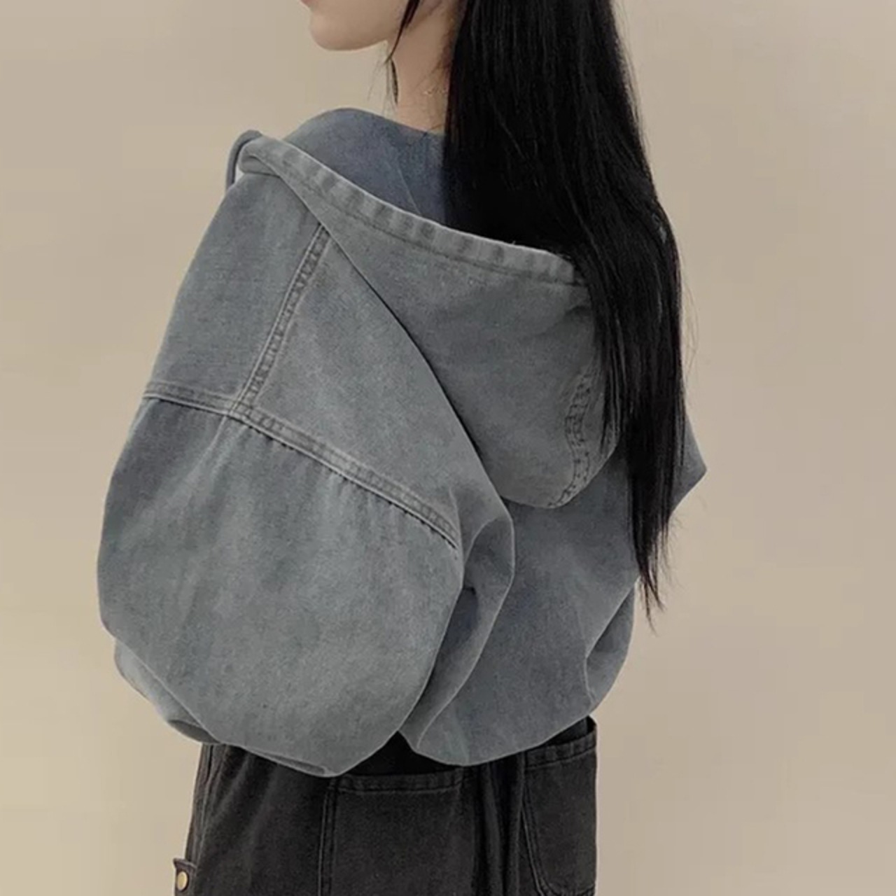 骨格ウェーブ 韓国シック デニムジャケット ジップ付き 長袖 フード ショート丈 カジュアル