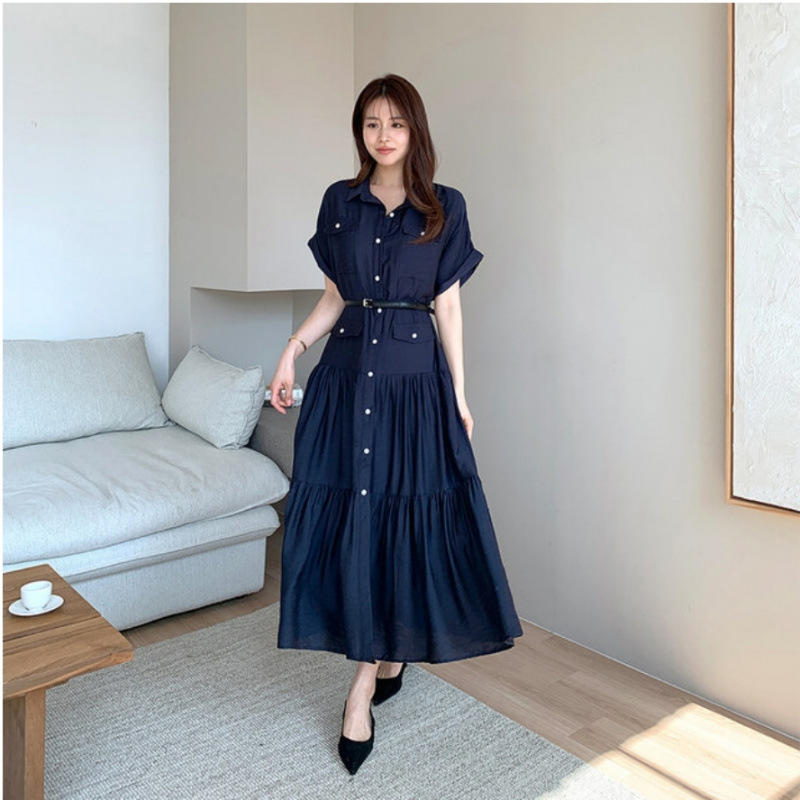 骨格ウェーブ 華奢見えフィット＆フレア ロングシャツワンピース