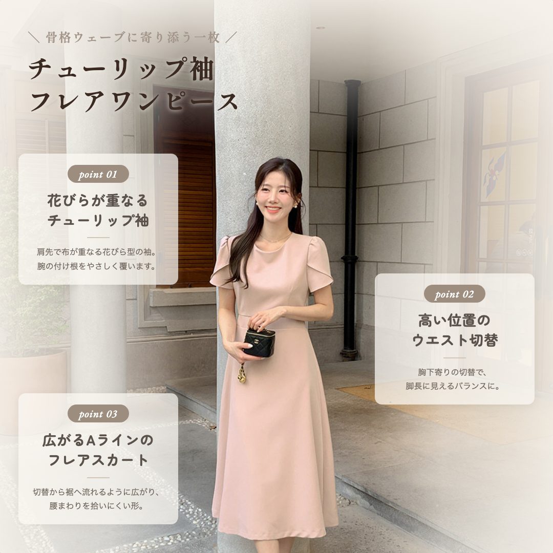 骨格ウェーブ チューリップスリーブ ハイウエスト フレアワンピース