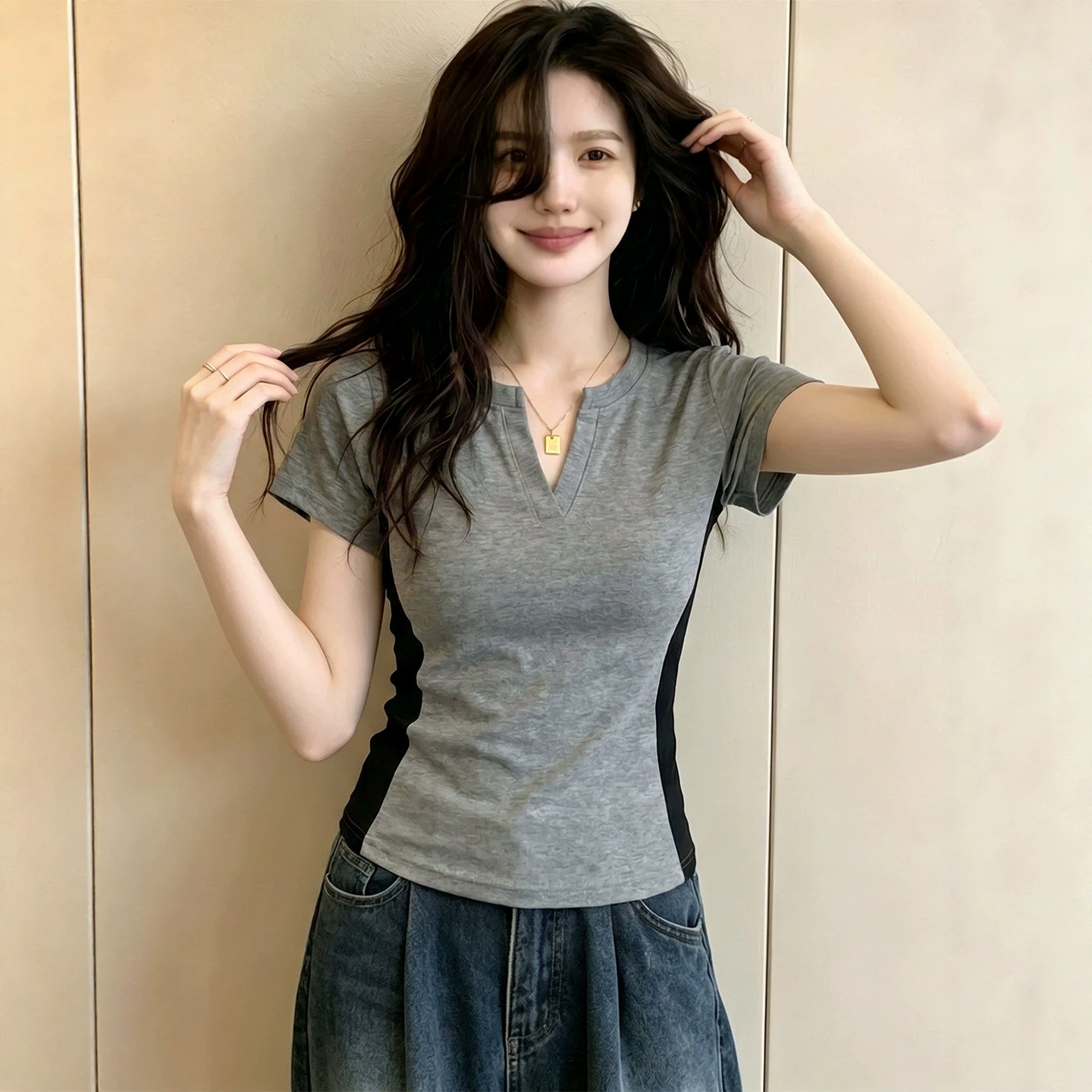 バイカラーTシャツ グレー