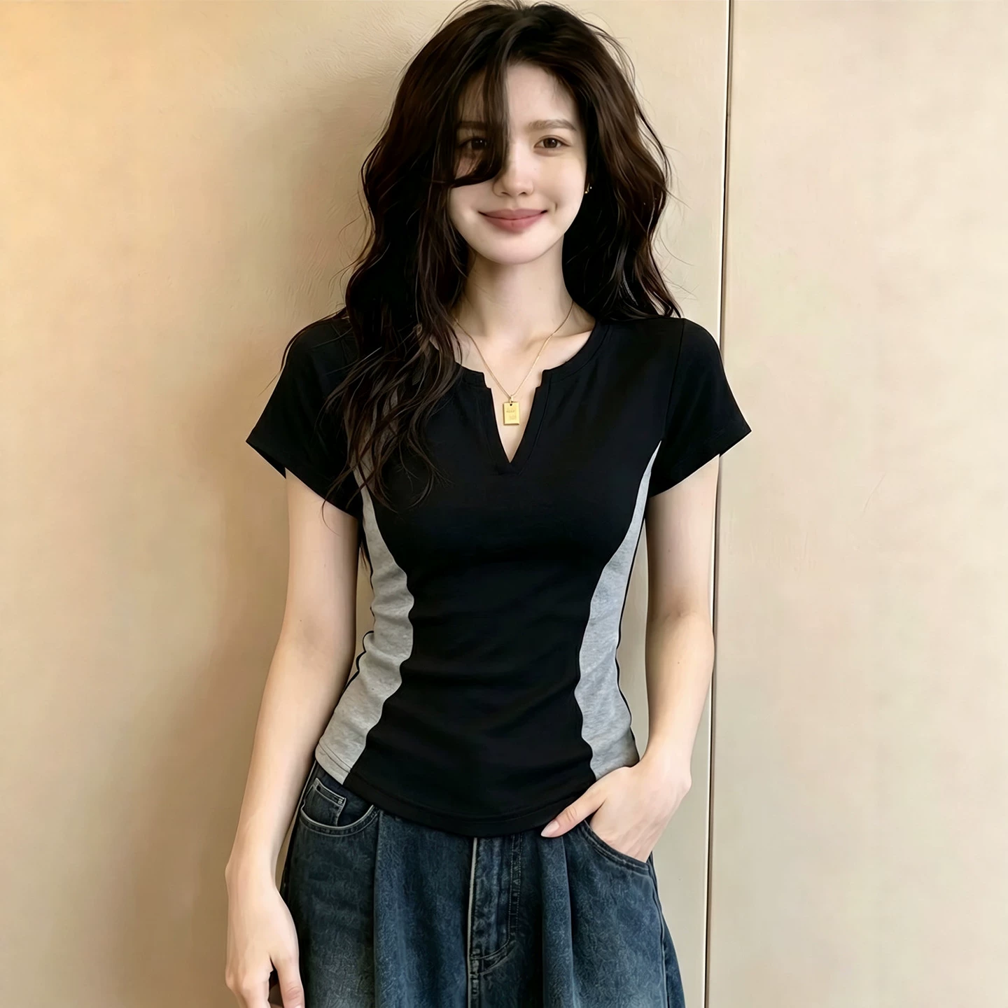 バイカラーTシャツ ブラック