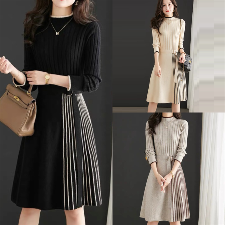 骨格ウェーブ サイドプリーツニットワンピース（ひざ丈）