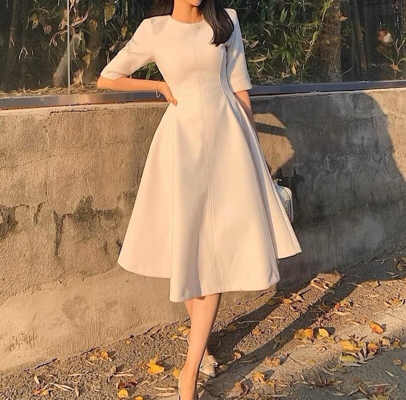 骨格ウェーブ上品ミモレ丈 5分袖フレアワンピース