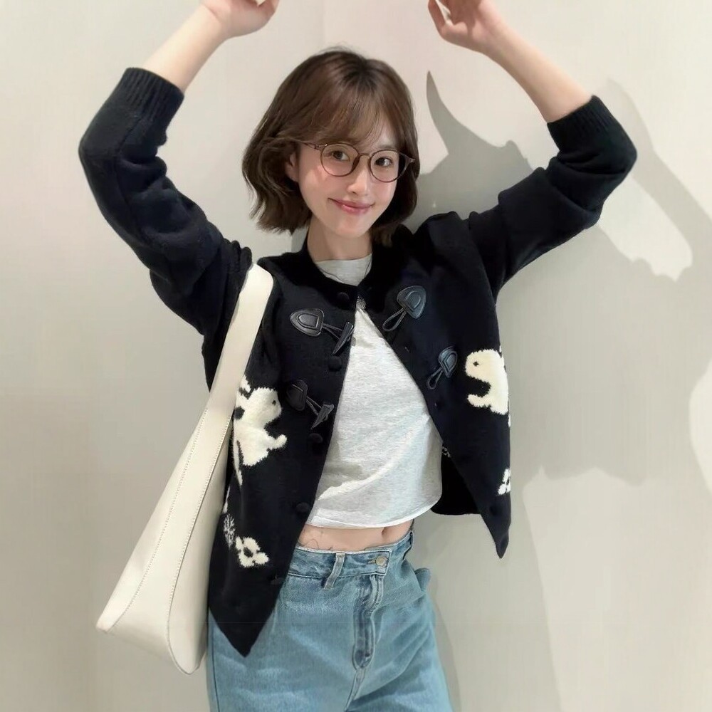 骨格ウェーブ うさぎ柄 ダッフル風 ニットブルゾン