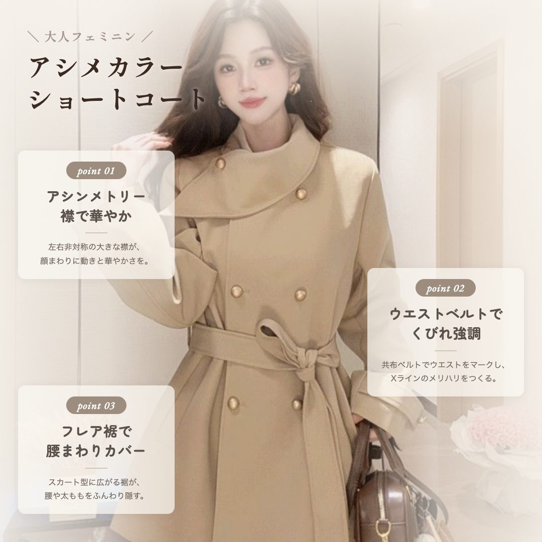 骨格ウェーブ 大人フェミニン アシンメトリーカラー ショート丈コート
