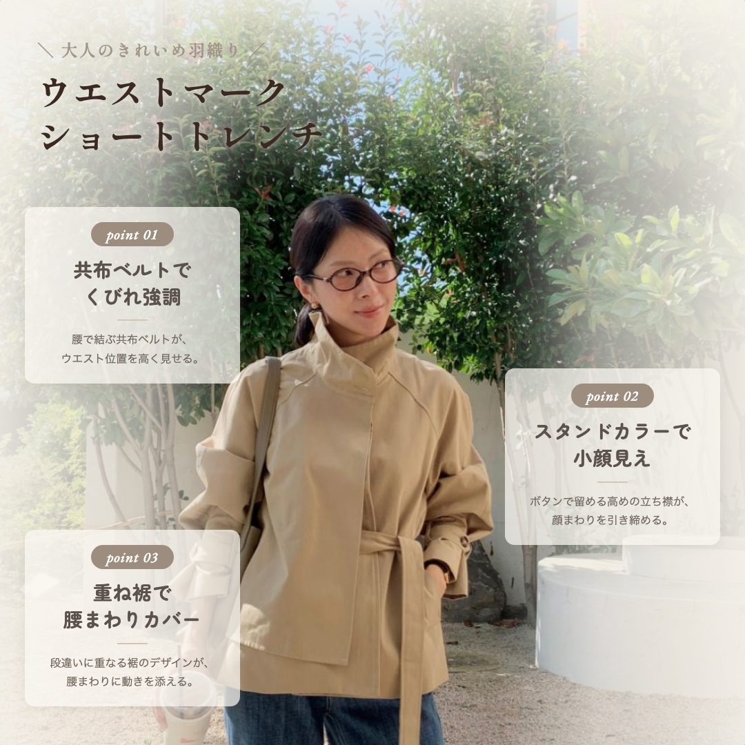 骨格ウェーブ ウエストマーク ショートトレンチコート