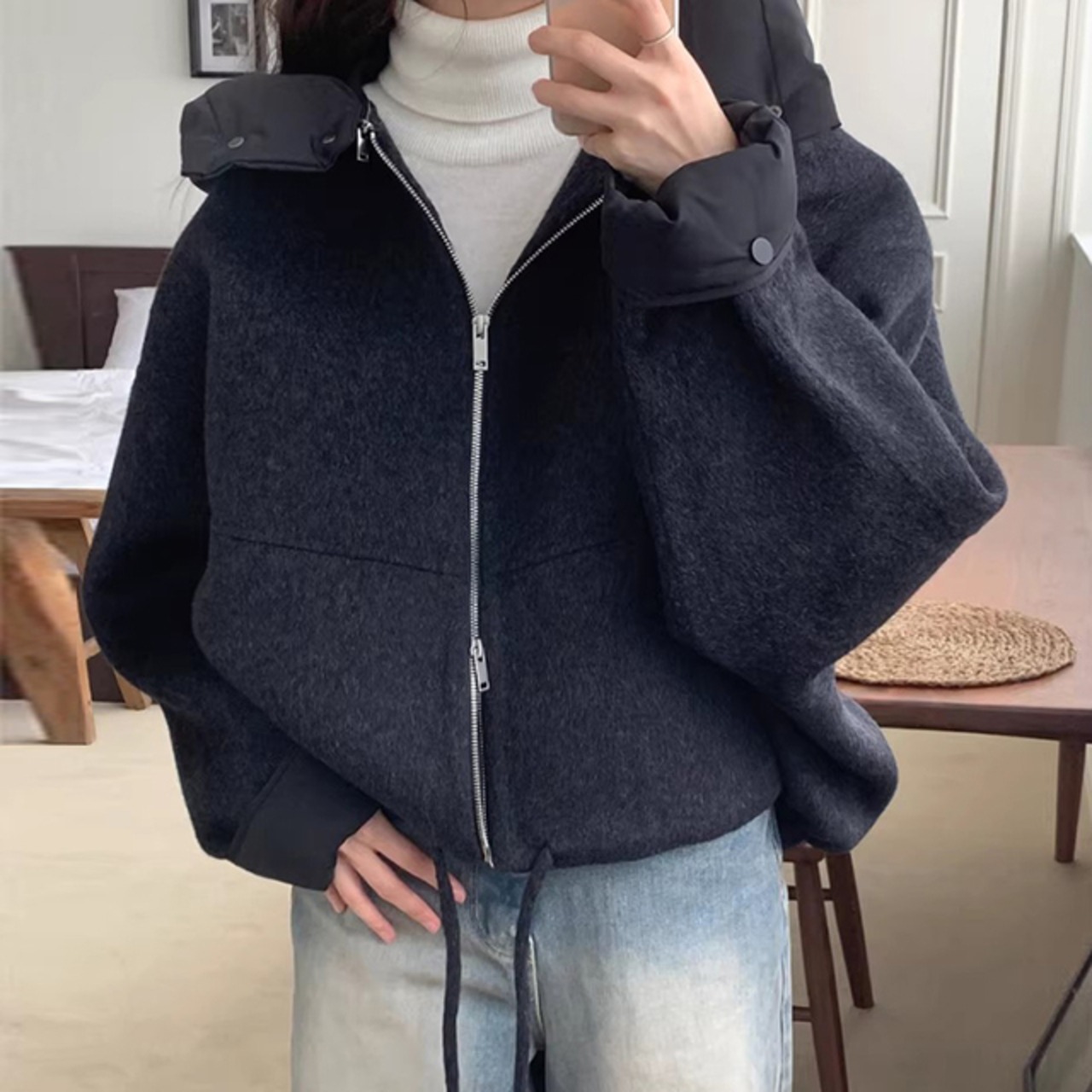 骨格ウェーブ メルトン調ショートジャケット 取り外しフード ゆったり カジュアル