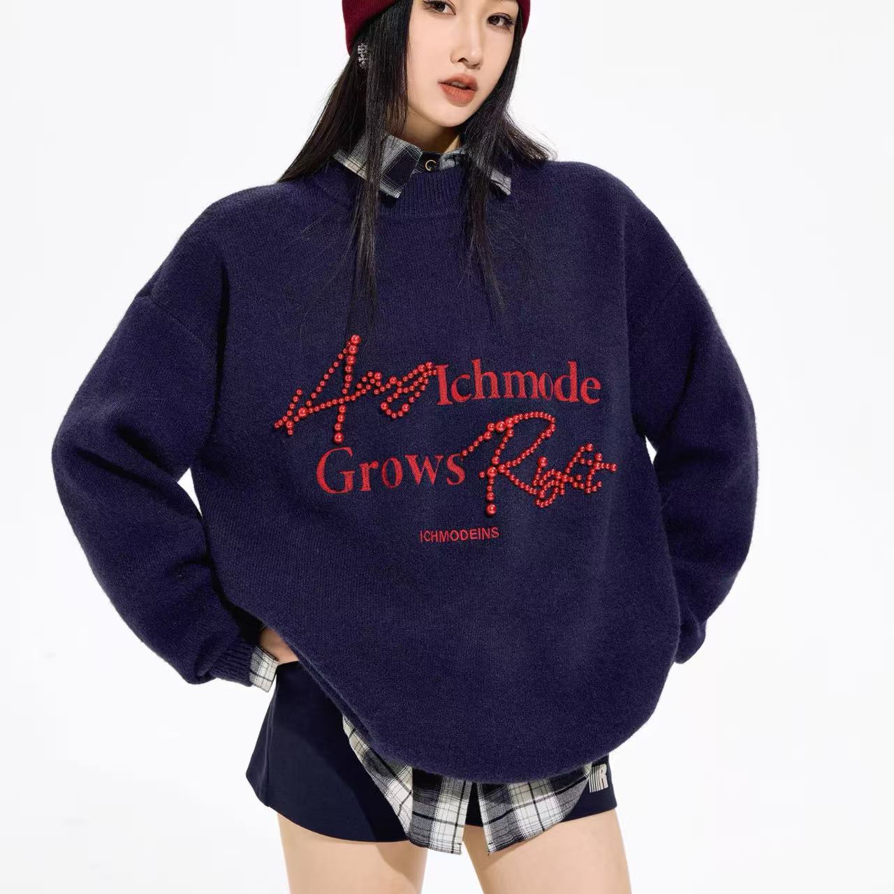 骨格ウェーブ ICH MODE アメリカンレトロ風 パール付きクルーネックセーター