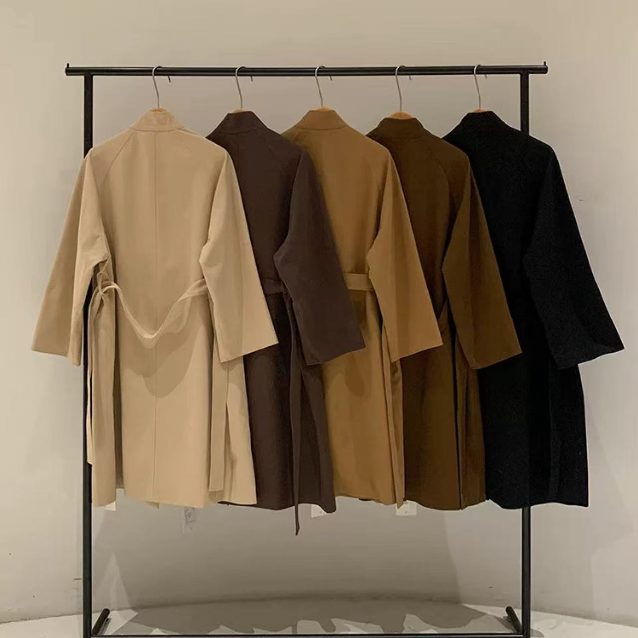 骨格ウェーブ スタンドカラー ロング丈トレンチコート 