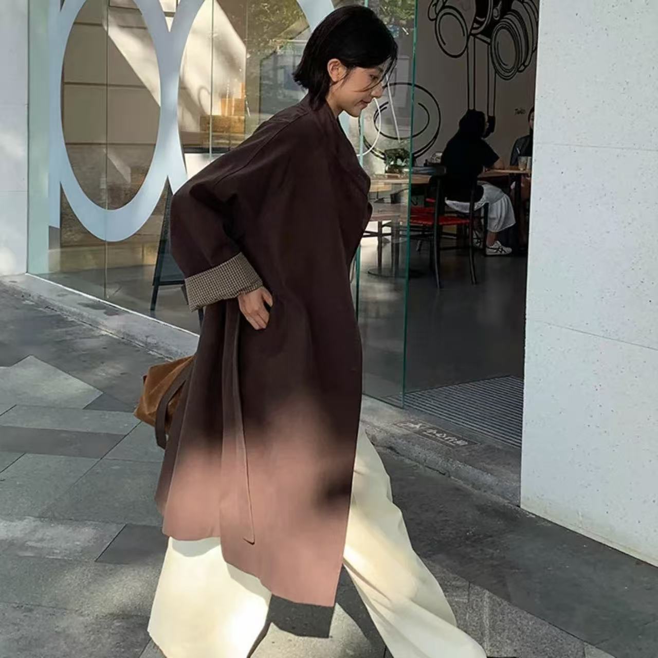 骨格ウェーブ スタンドカラー ロング丈トレンチコート 