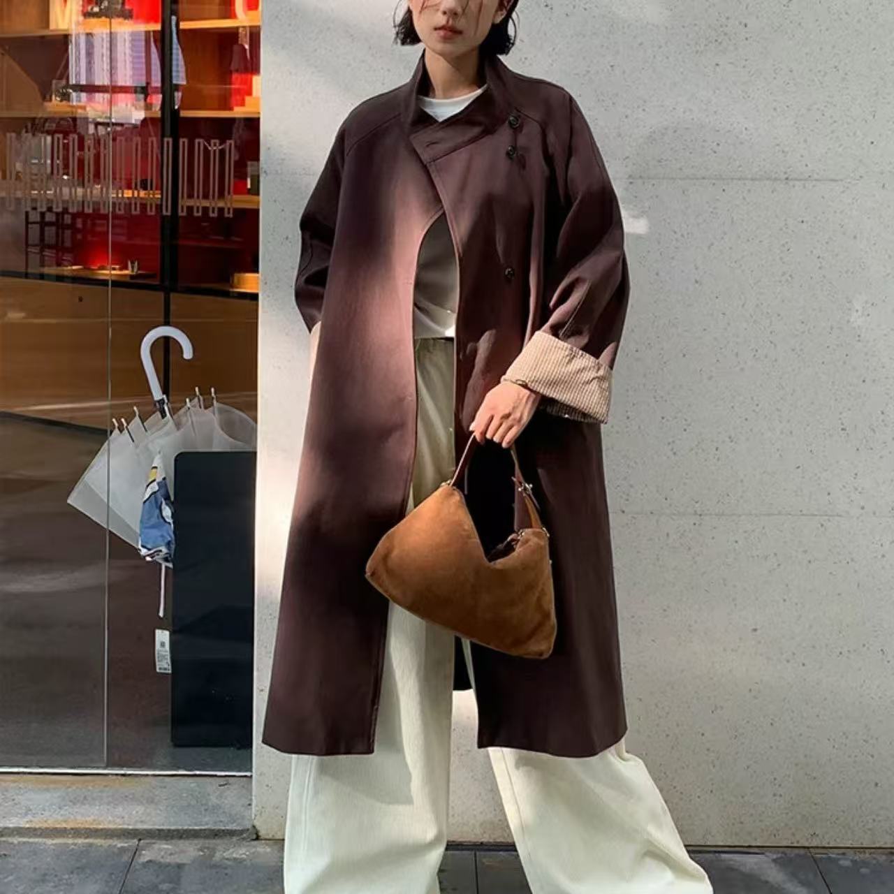 骨格ウェーブ スタンドカラー ロング丈トレンチコート 