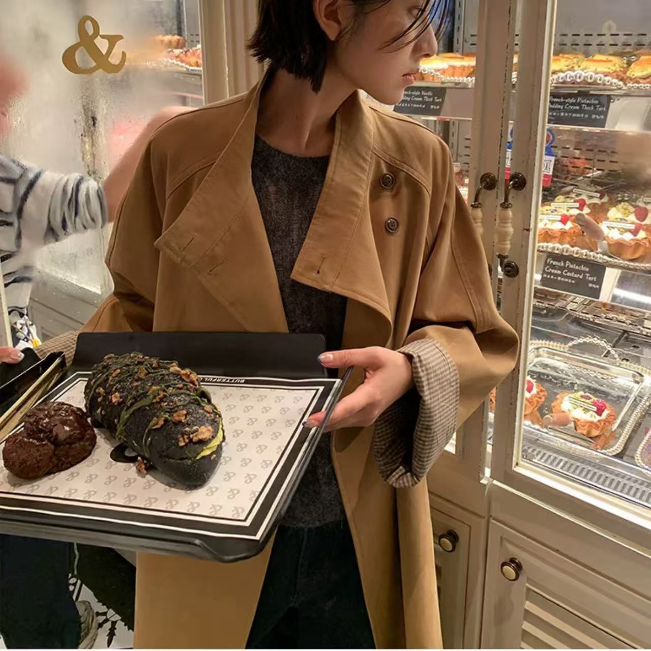 骨格ウェーブ スタンドカラー ロング丈トレンチコート 