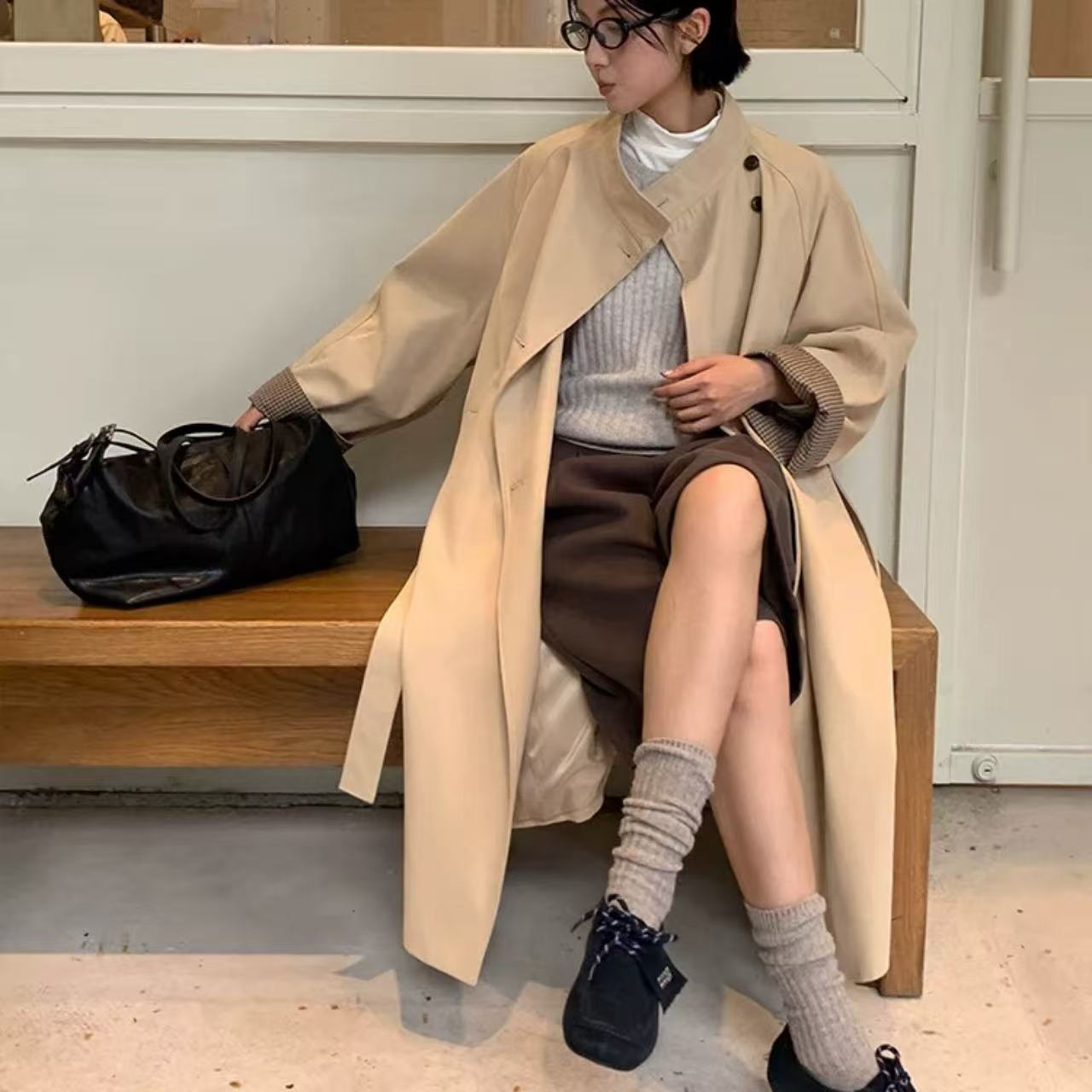 骨格ウェーブ スタンドカラー ロング丈トレンチコート 