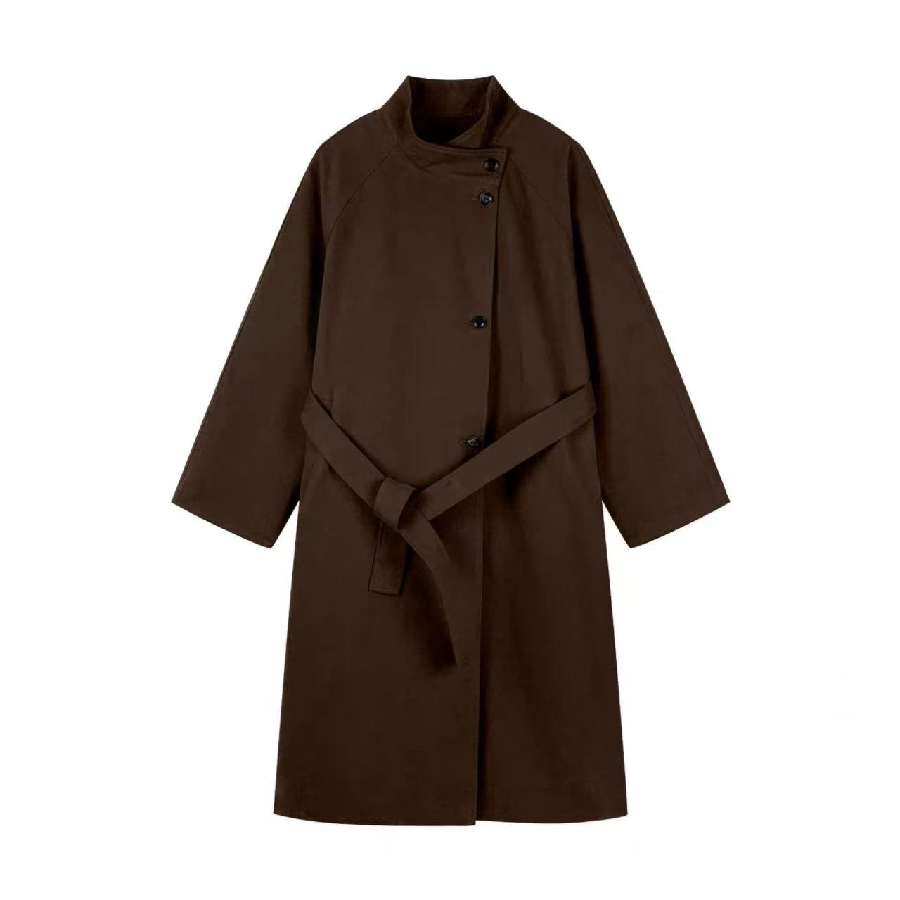 骨格ウェーブ スタンドカラー ロング丈トレンチコート 