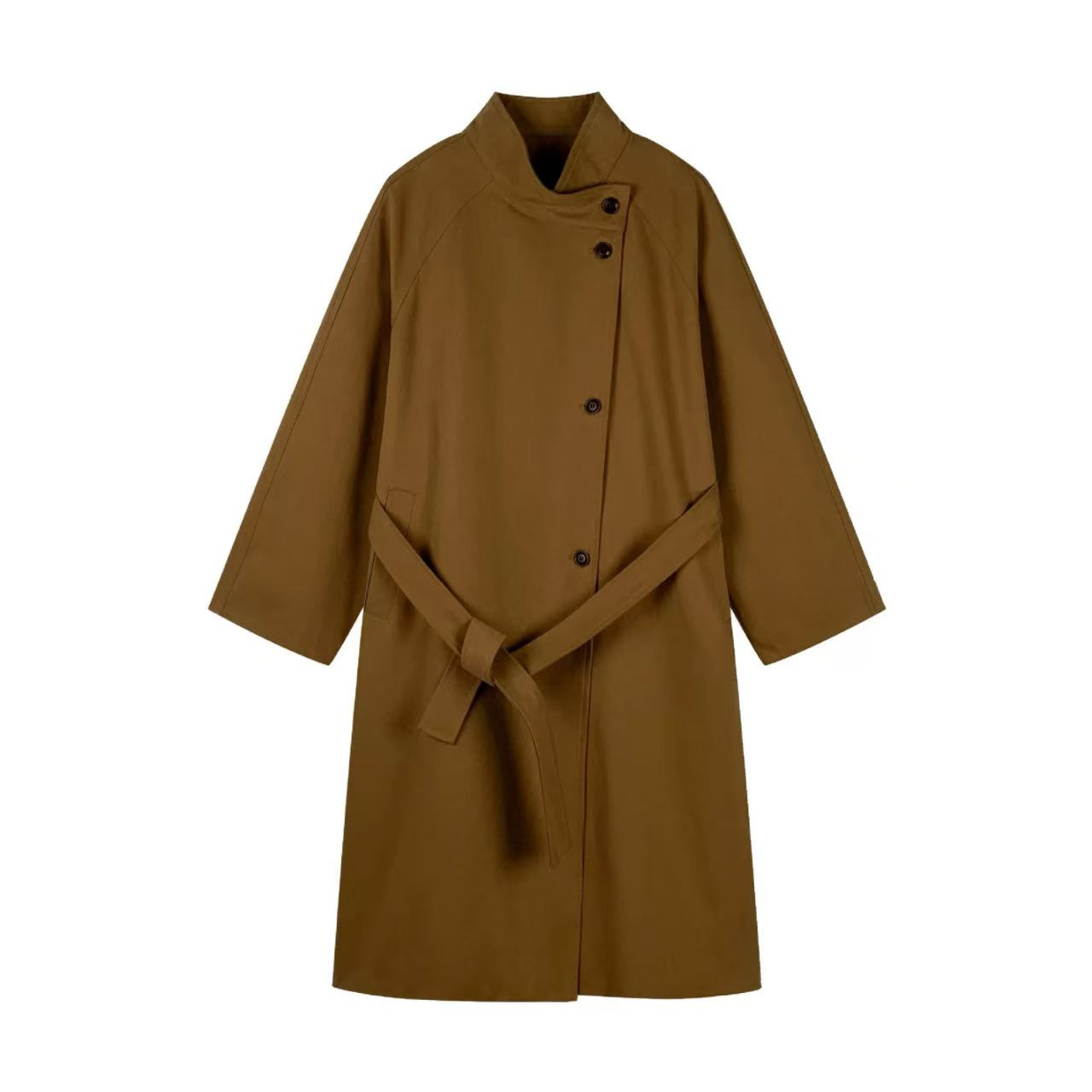 骨格ウェーブ スタンドカラー ロング丈トレンチコート 