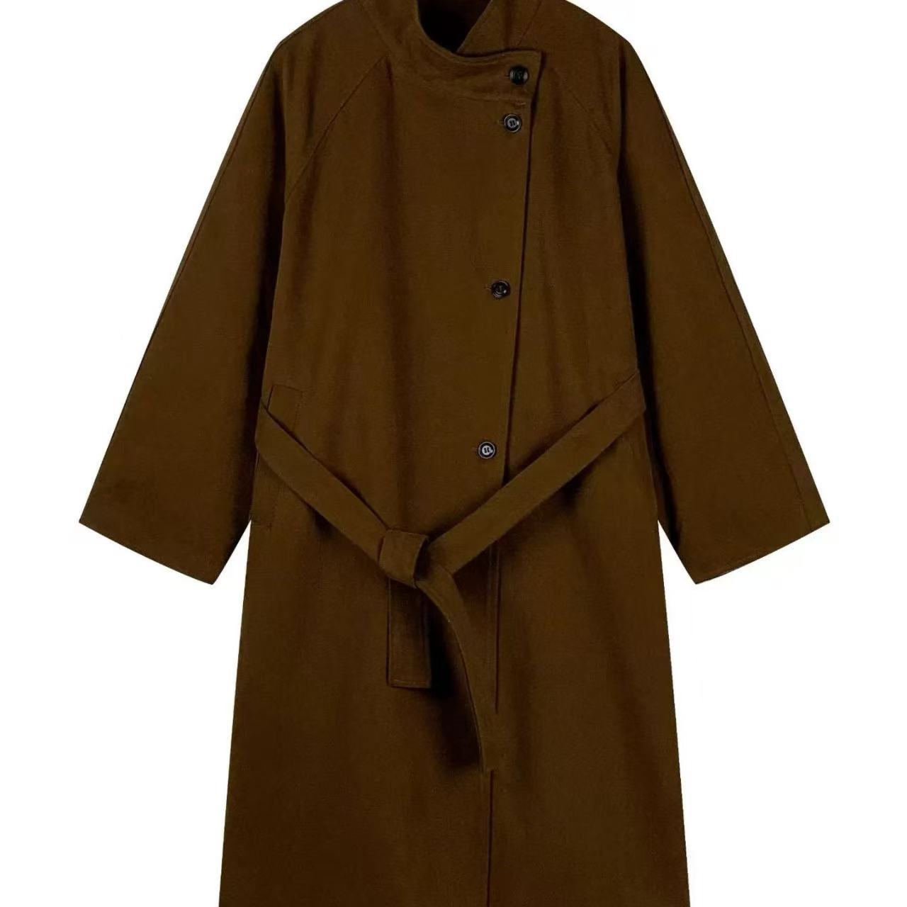 骨格ウェーブ スタンドカラー ロング丈トレンチコート 