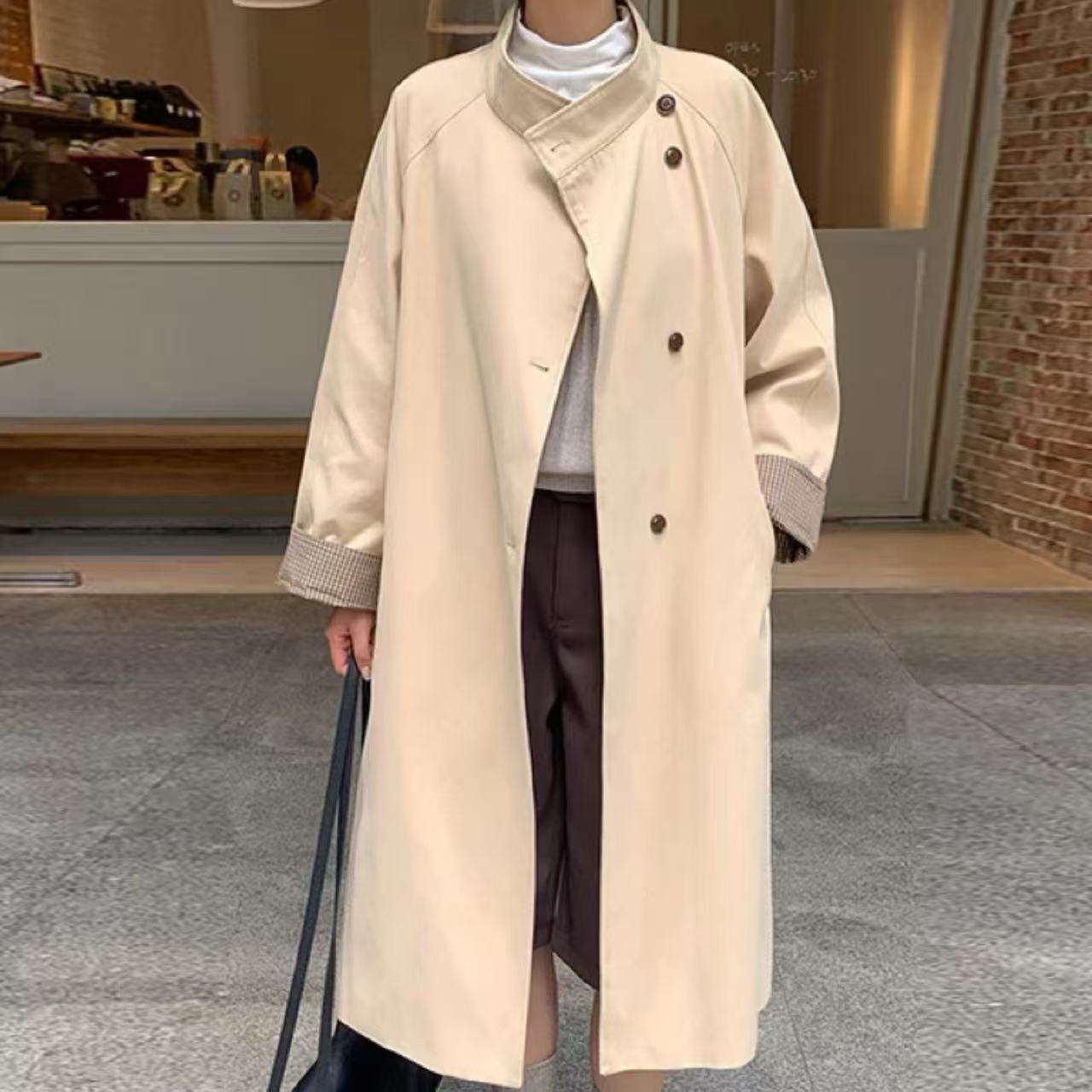 骨格ウェーブ スタンドカラー ロング丈トレンチコート 