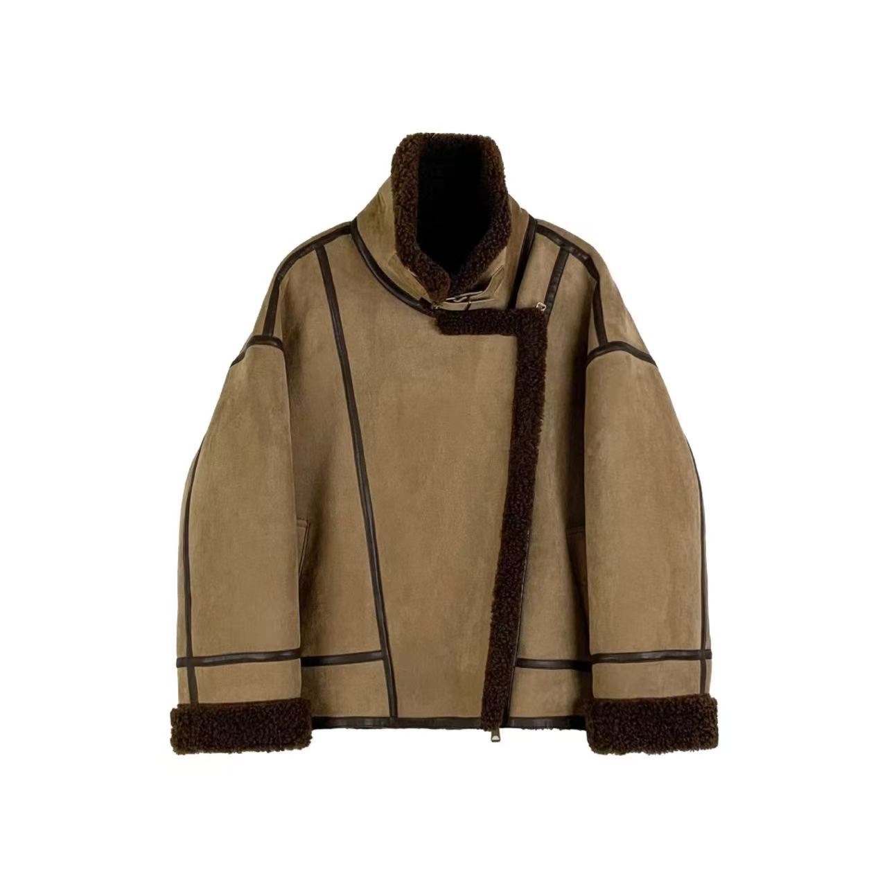 骨格ウェーブ レトロ メラードカラー フェイクファーフリース ショートジャケット