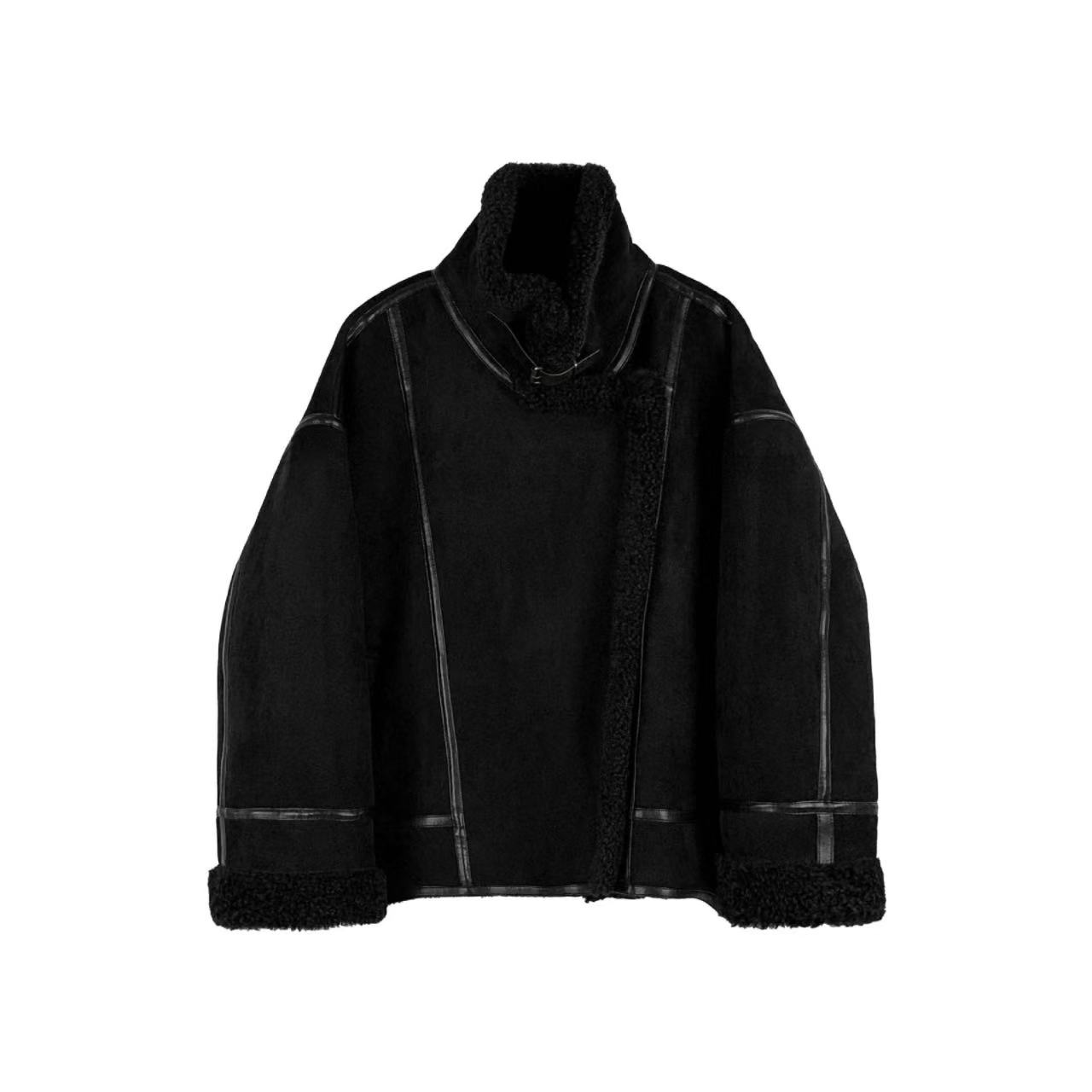 骨格ウェーブ レトロ メラードカラー フェイクファーフリース ショートジャケット