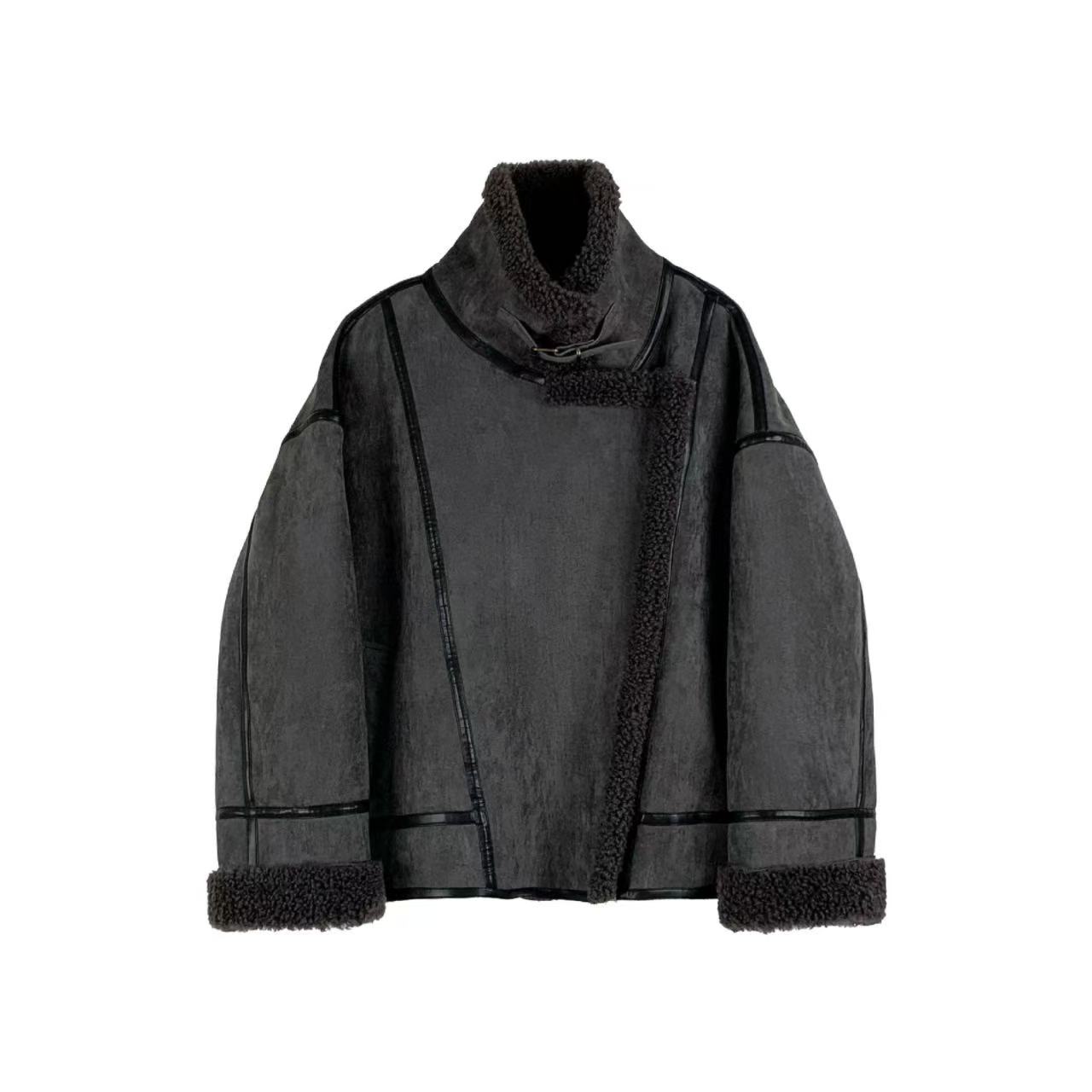 骨格ウェーブ レトロ メラードカラー フェイクファーフリース ショートジャケット