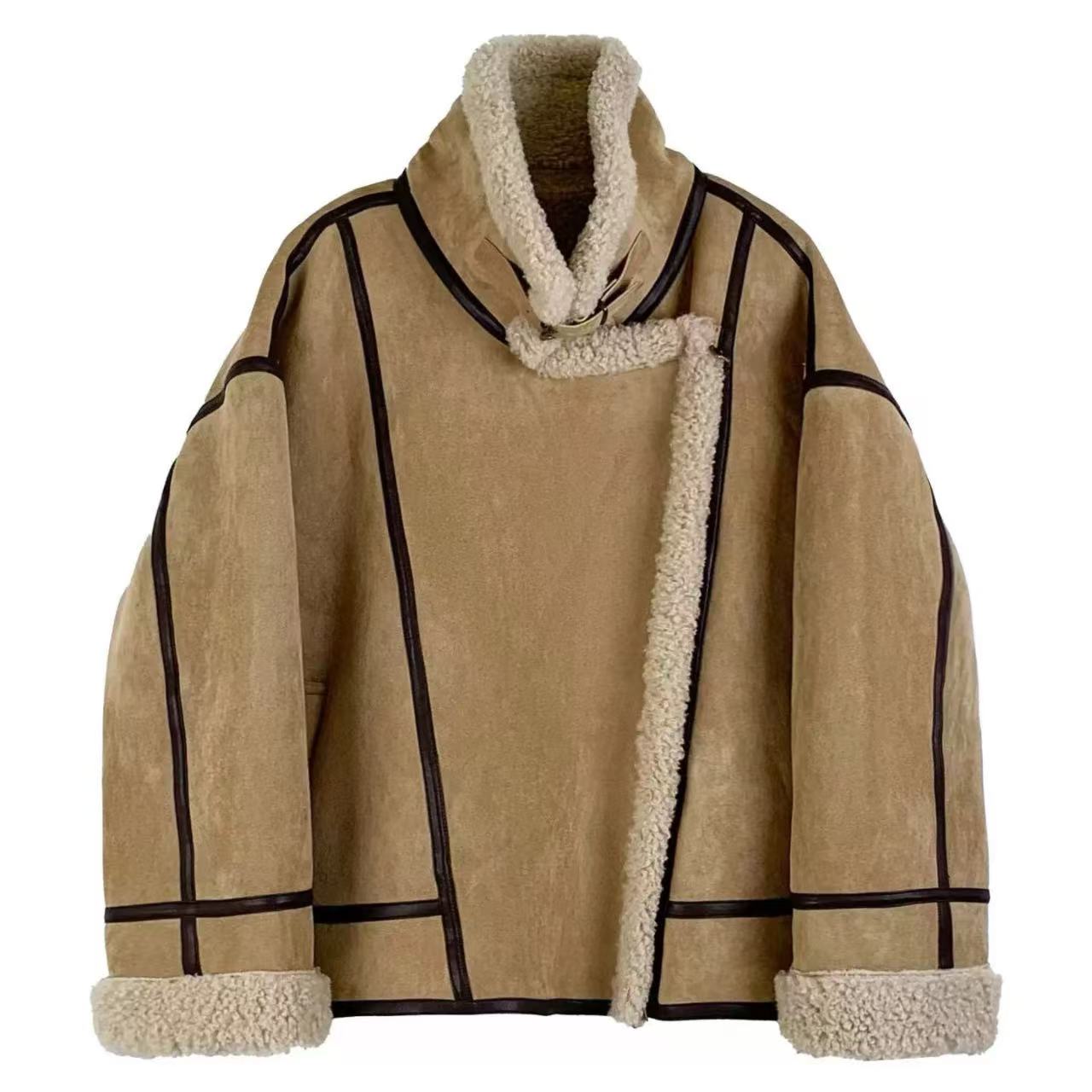 骨格ウェーブ レトロ メラードカラー フェイクファーフリース ショートジャケット