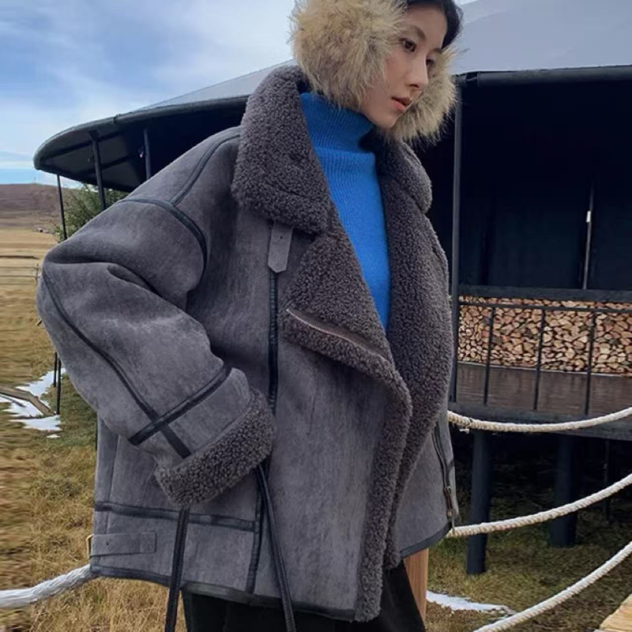 骨格ウェーブ レトロ メラードカラー フェイクファーフリース ショートジャケット