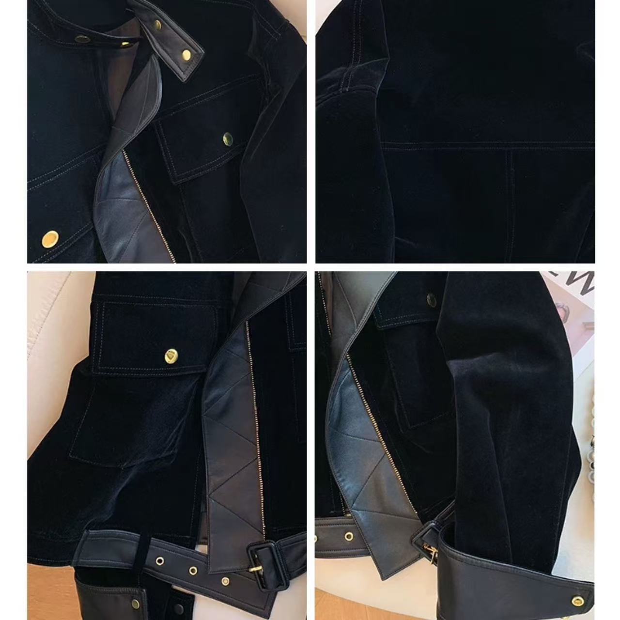 骨格ウェーブ レトロ ブラックPUレザー×スエード切替 スタンドカラーショートジャケット