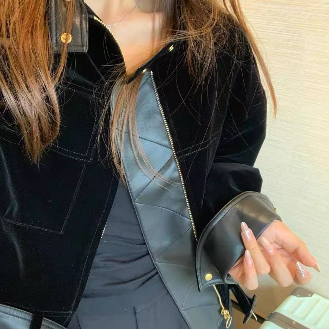 骨格ウェーブ レトロ ブラックPUレザー×スエード切替 スタンドカラーショートジャケット