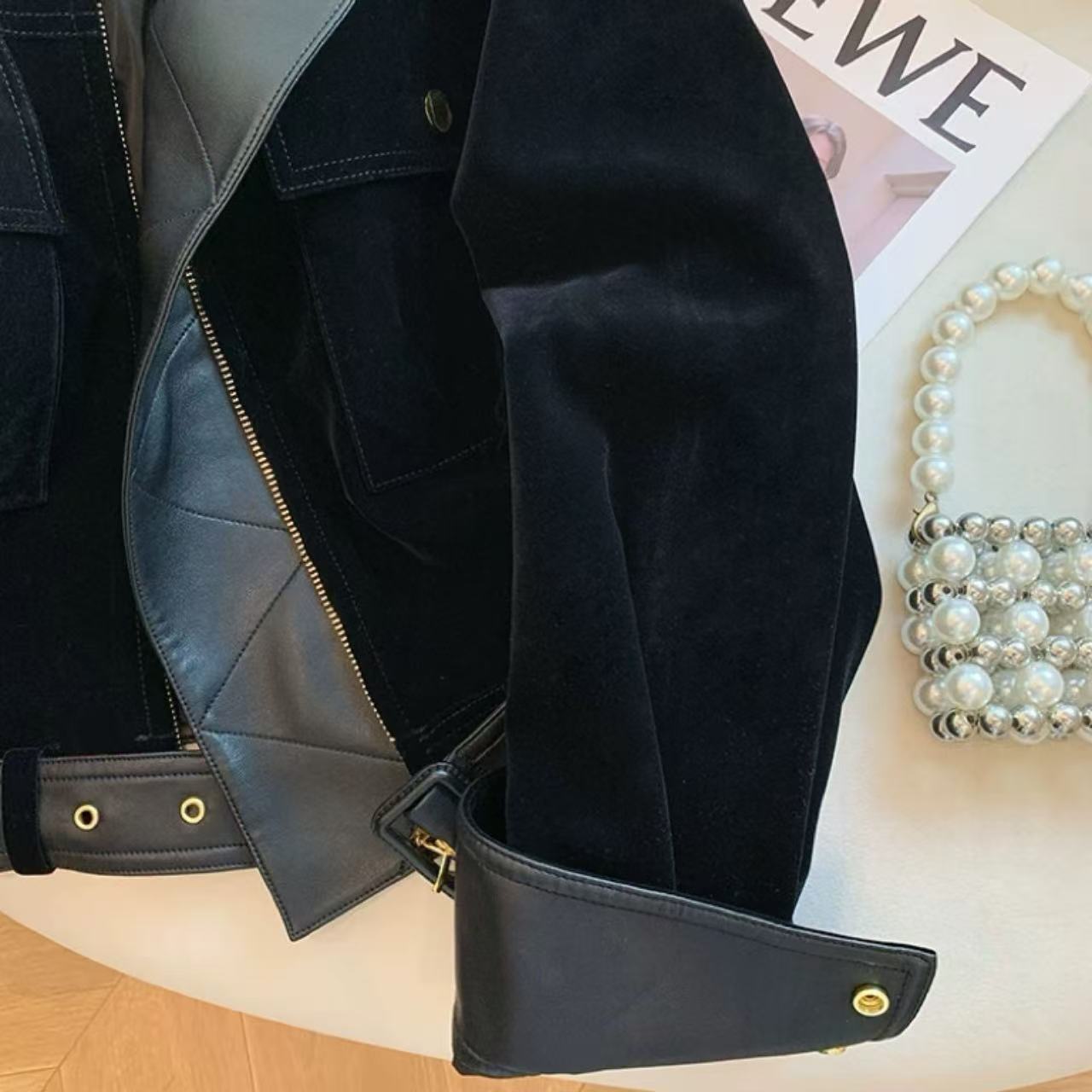 骨格ウェーブ レトロ ブラックPUレザー×スエード切替 スタンドカラーショートジャケット