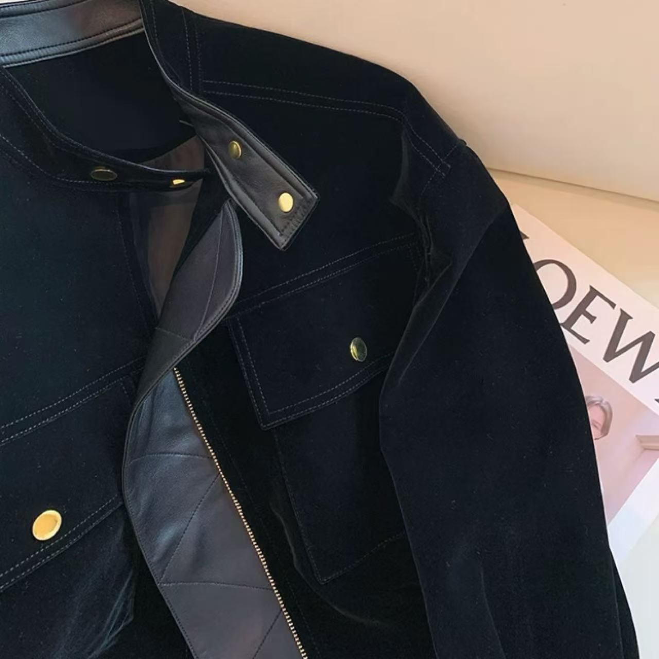 骨格ウェーブ レトロ ブラックPUレザー×スエード切替 スタンドカラーショートジャケット