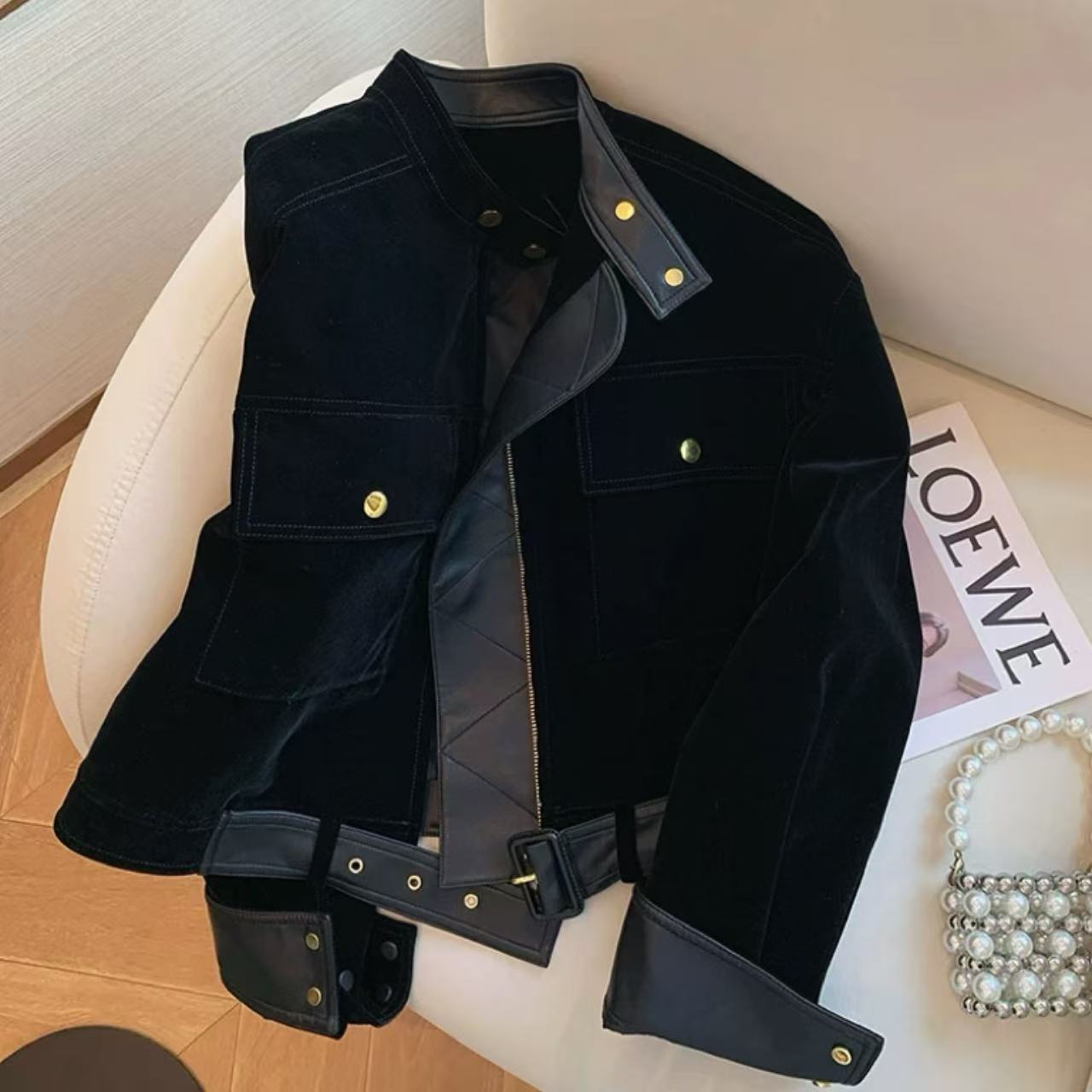 骨格ウェーブ レトロ ブラックPUレザー×スエード切替 スタンドカラーショートジャケット