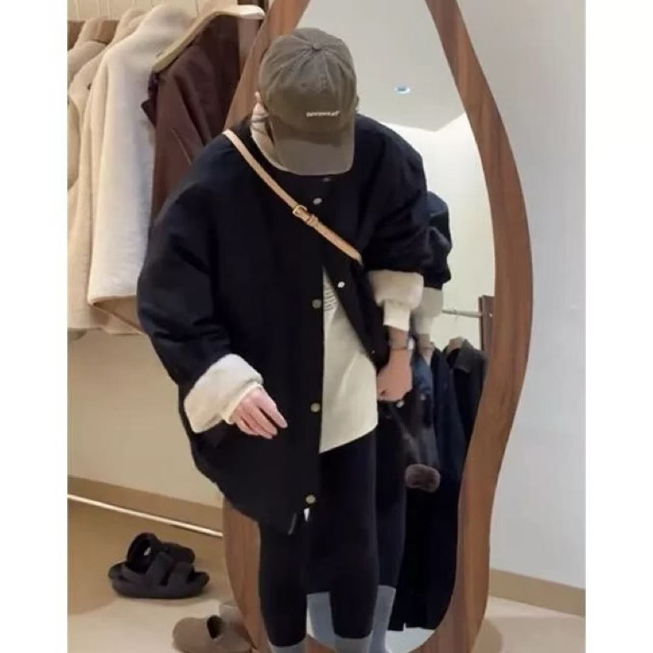 骨格ウェーブ ミドル丈 裏起毛トレンチコート スタンドカラーパーカー