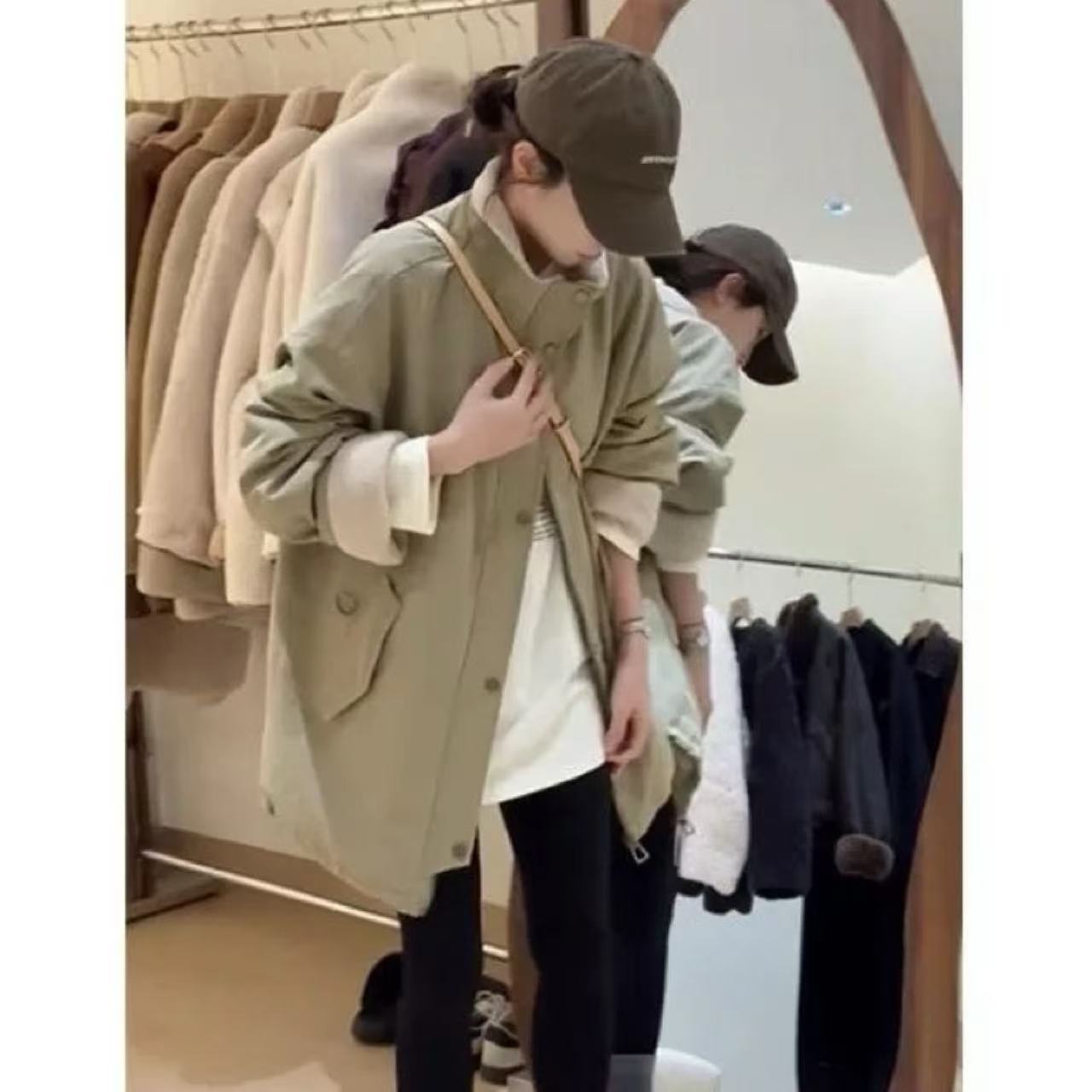 骨格ウェーブ ミドル丈 裏起毛トレンチコート スタンドカラーパーカー