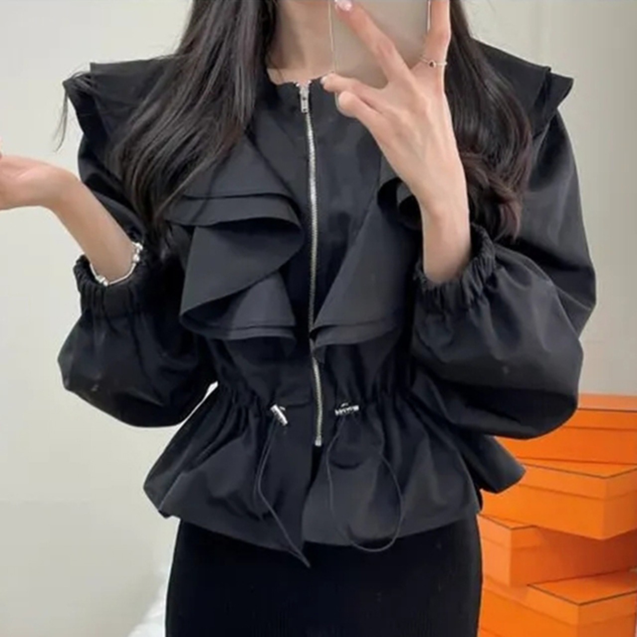 骨格ウェーブ フリル トレンチコート ドローストリング ウエストシェイプ ショート丈