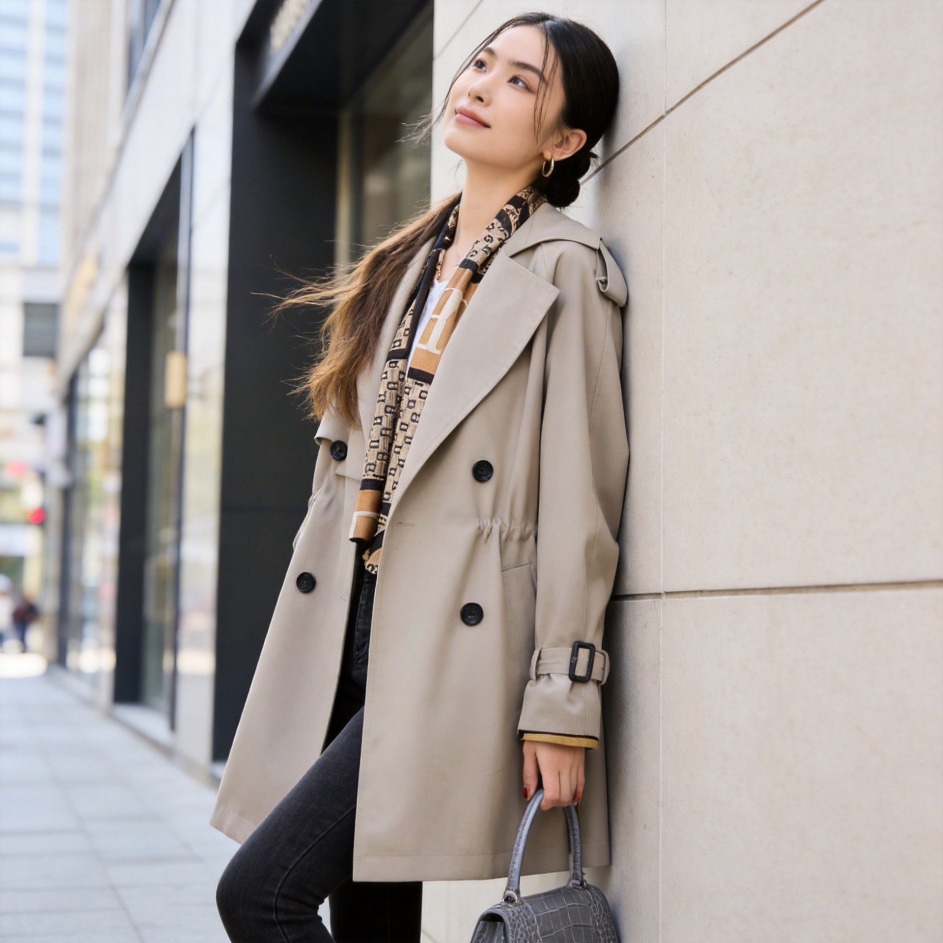 骨格ウェーブ ウエストマーク ハーフ丈トレンチコート