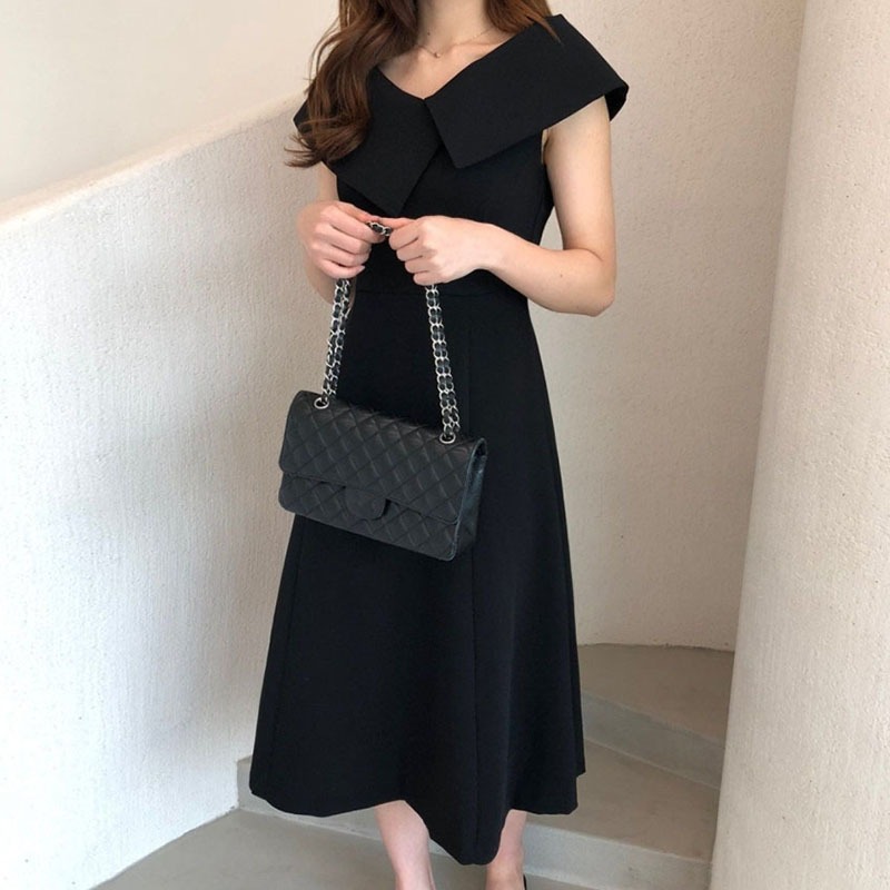骨格ウェーブ ビッグカラー 美くびれロングワンピ―ス