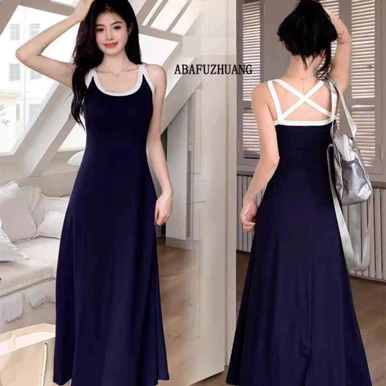 骨格ウェーブ バイカラー スリム Aラインワンピース