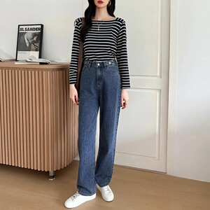 骨格ウェーブ スクエアネックボーダーTシャツ