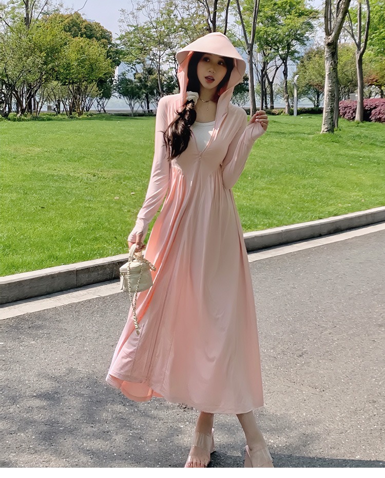 骨格ウェーブ UV対策 フィット＆フレア ロング丈 パーカーワンピース