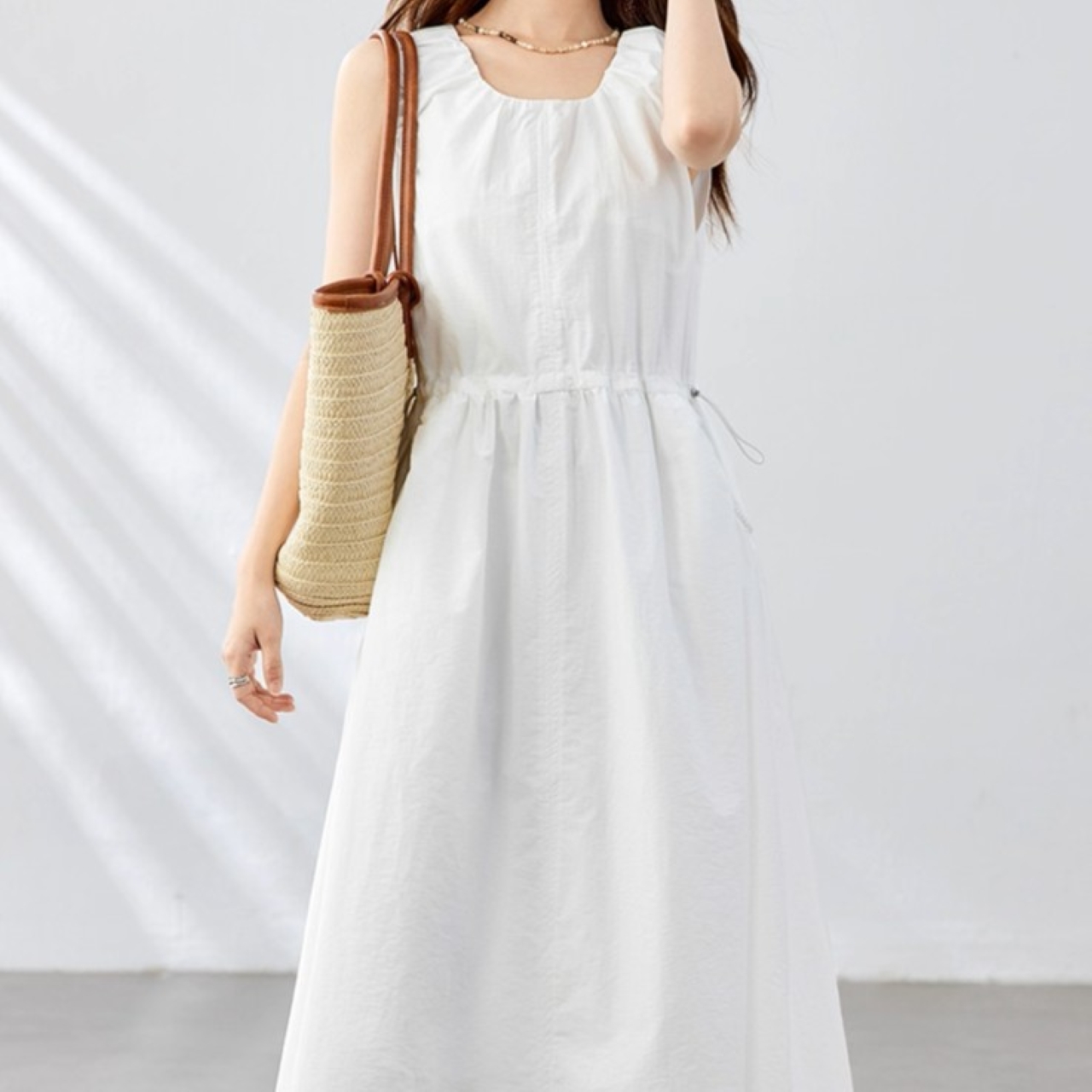 骨格ウェーブ ウエストドロスト ノースリーブ ロングワンピース