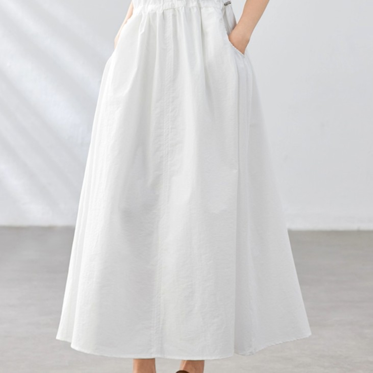 骨格ウェーブ ウエストドロスト ノースリーブ ロングワンピース